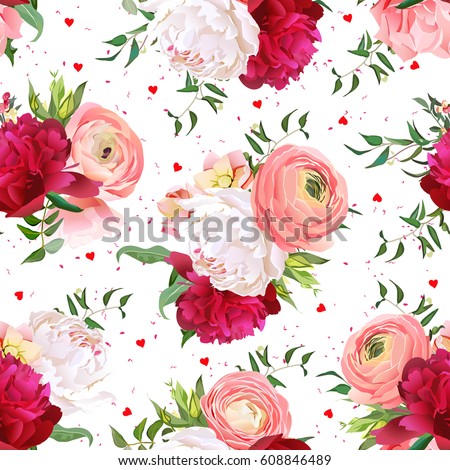 Burgundy red and white peonies, ranunculus, rose seamless vector pattern. Romantic chic print with hearts and speckled backdrop.