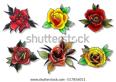 Neo Traditional Tattoo Roses Set Vector Stock Vector 517856011