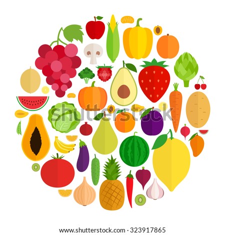 Vector collection of fresh vegetables and fruits flat icons. Green organic, veggies symbols for groceries, agriculture stores, packaging, menu and advertising