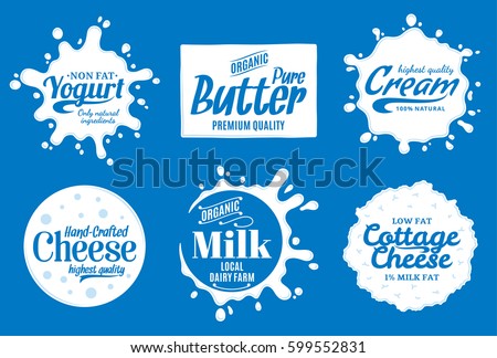 Vector milk product logo. Milk, yogurt, cream, cheese icons and splashes with sample text. Dairy product icons collection for grocery, agriculture store, packaging and advertising
