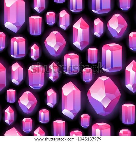 Seamless colorful crystals gemstones background on black. Jewels pattern.