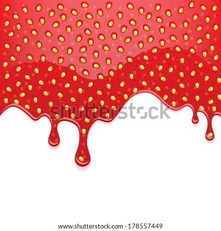 Drips of strawberry jam on white background. Flowing liquid.