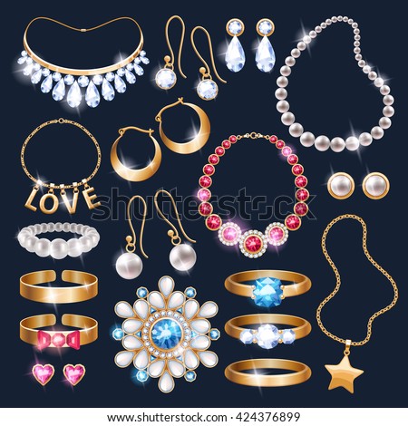 Realistic jewelry accessories icons set. Necklace bracelet gold chain diamond pearl earrings pendant rings vector illustration.
