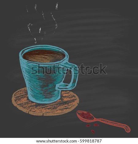 Colored Cup Of Coffee On A Wooden Stand And Spoon With Grains Drawn Colored Cup Of Coffee On A Wooden Stand And Spoon With Grains Drawn