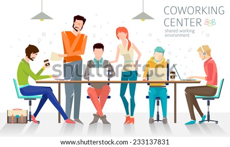 Concept of the coworking center. Business meeting. Shared working environment. People talking and working at the computers in the open space office. Flat design style.