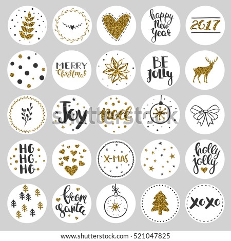 Set of round Christmas stickers. Christmas labels and stickers for decorating presents for winter holidays. Black and gold round stickers with glitter.