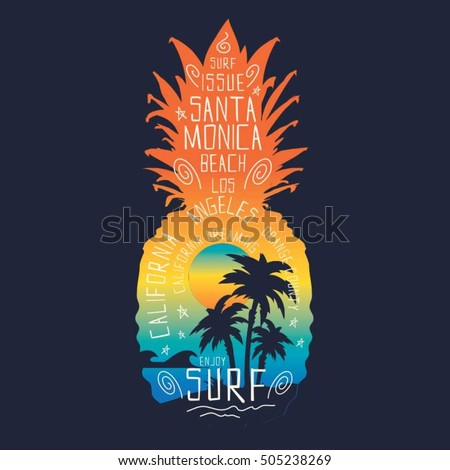 Surf pineapple illustration, typography, t-shirt graphics, vectors
