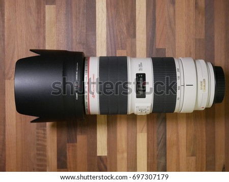 BOSTON, USA - AUGUST 16: One of the most used lens in the world, the Canon EF 70-200mm F/2.8 USM IS L II in a close-up shot showcasing its sturdy construction on August 16, 2017.