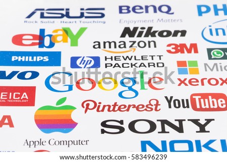 KIEV, UKRAINE - OKTOBER 03, 2015: A logotype collection of well-known world brand's printed on paper. Include Google, Samsung, Nokia, Apple, PayPal, Sony, Visa, Ebay others logo. Selective focus
