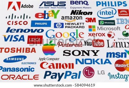 KIEV, UKRAINE - OKTOBER 03, 2015: Logotype collection of well-known world brand's printed on paper. Include Google, Samsung, Nokia, Apple, PayPal, Sony, Visa, Ebay more others logo. Selective focus