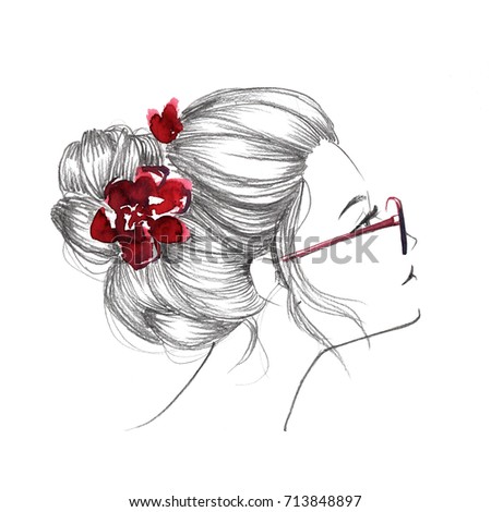 Pretty Girl Bun Red Watercolor Glasses Stock Illustration 