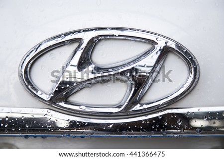 Shenzhen, China - Jun 14, 2016: Close up of the logo of Hyundai motor on the car front, taken in a test drive. Hyundai is a South Korean automotive manufacturer, headquarter in Seoul, South Korea.