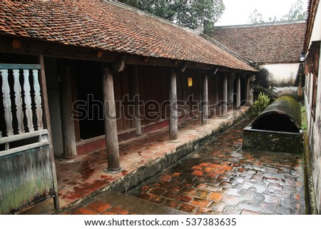 Silent scene of Bo Da pagoda in Bac Giang province, Vietnam. Bo Da Pagoda is situated at the foot of a hill of pines, beautiful and quiet, surrounded by walls of soil, with mountains and rivers