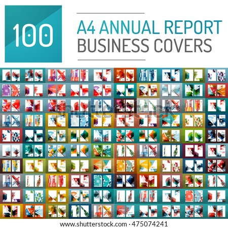 Mega collection of 100 business annual report brochure templates, A4 size covers created with geometric modern patterns - squares, lines, triangles, waves