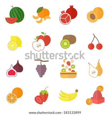 Icons set for cooking, restaurant, menu, fruits and vegetarian food. Flat design vector