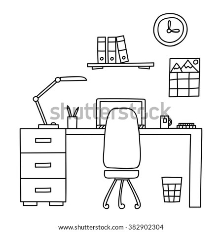 Desk Computer Workplace Office Drawn By Stock Vector 382902304 ...