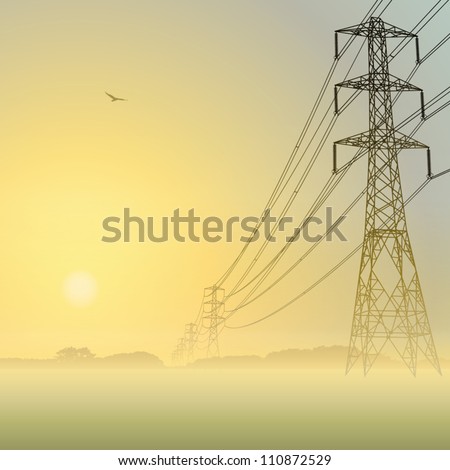 Electrical Power Lines and Pylons with Misty Sunrise, Sunset