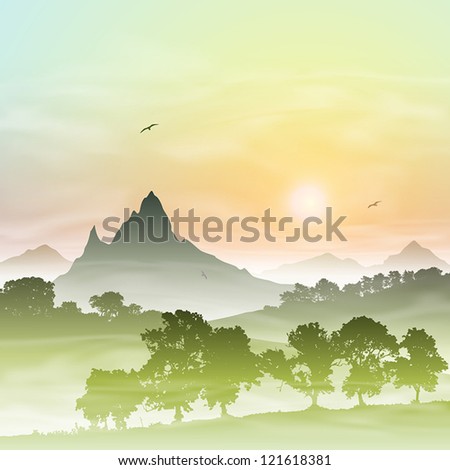 A Misty Forest Landscape with Mountains and Sunset, Sunrise