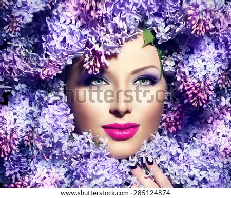 Beauty Fashion Model Girl Lilac Flowers Stock Photo 