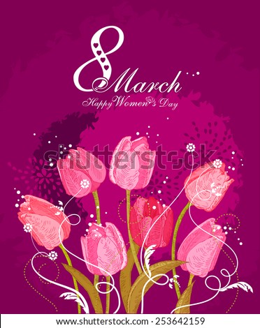 Happy Women's Day background with spring flowers. 8 March. Greeting card with text Women's Day.
