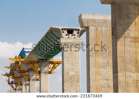 Construction of a mass transit train line in progress with heavy infrastructure. This photo shows the progress in joining the various blocks/modules of the line with heavy equipment.