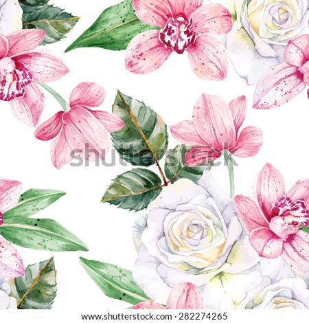 Pink orchids and white roses. Seamless, hand-painted, watercolor pattern. Vector background.