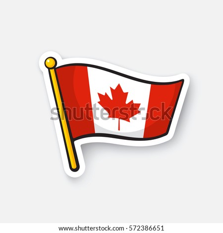 Vector illustration. Flag of Canada on flagstaff. Checkpoint symbol for travelers. Cartoon sticker with contour. Decoration for greeting cards, posters, patches, prints for clothes, emblems