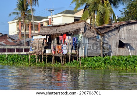 Can Tho, Vietnam. The old wooden houses on the Mekong river