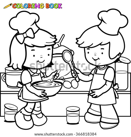 Vector Black White Illustration Children Cooking Stock Vector 366818384 ...