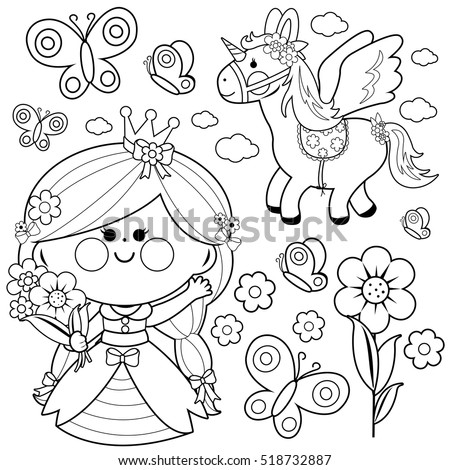 Beautiful Princess Holding Spring Flowers Unicorn  Stock 