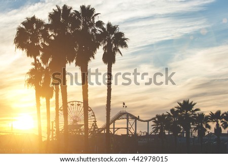 Santa monica pier with palms silhouettes