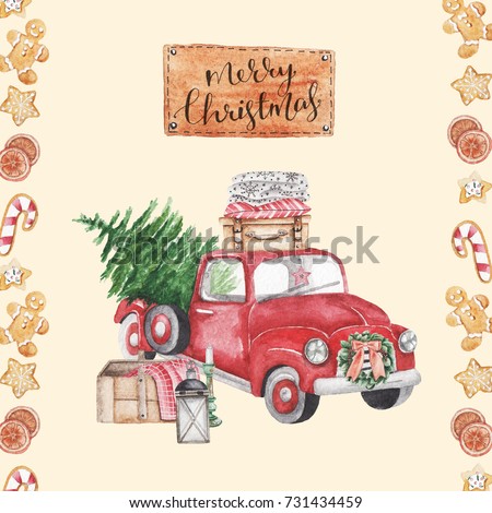 Merry Christmas. stylish vintage watercolor illustration. red car with christmas tree. Christmas card