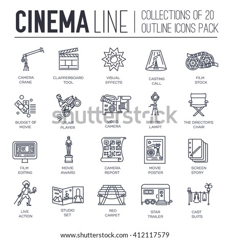 Premium quality cinema industry thin line design set. Filming minimalistic symbol pack. Outline movie technology template of icon, typography, logo, pictogram and illustration concept background