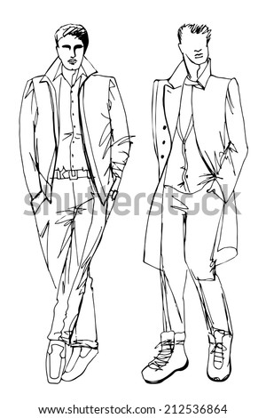 Fashion Vector Illustration Two Stylish Autumnal Dude Mens In The Style Of Doodle Outline Fashion Vector Illustration Two Stylish Autumnal Dude Mens In The Style Of Doodle Outline