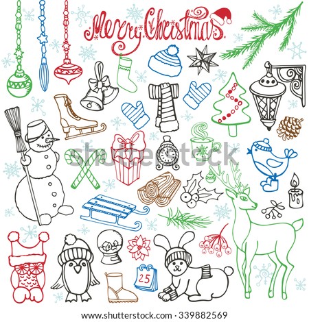stock vector christmas season doodle set winter decoration snowflakes knitted wear animals birds snowman 339882569