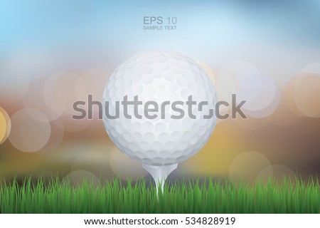 Golf ball on green grass with lights blurred bokeh background. Vector illustration.