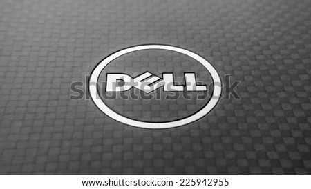 Kuala Lumpur, Malaysia - October 26 2014: Dell logotype closeup of Latitude notebook. Dell Inc. is an American multinational computer technology company that develops, sells and repairs computers.