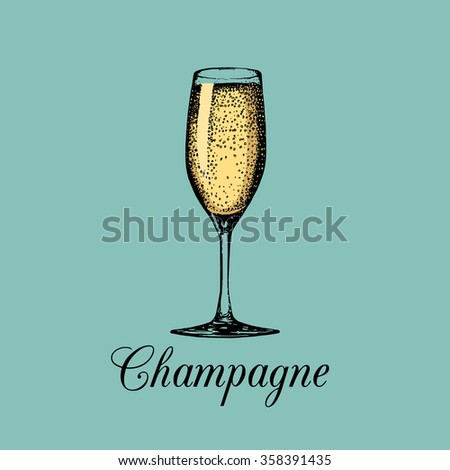 Champagne glass isolated. Vector hand drawn sketch of spumante. Alcoholic drink logo. A white sparkling wine sign for restaurant, bar, cafe menu design.