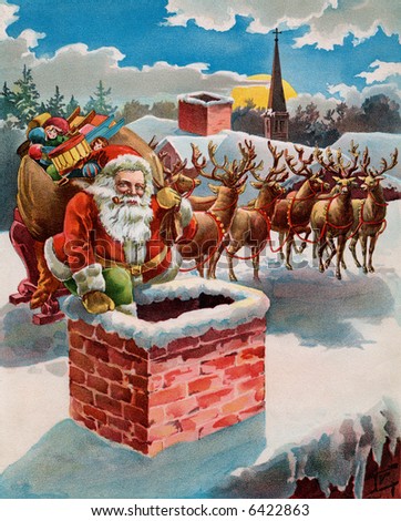 Santa, reindeer and sleigh on the roof top - circa 1899 illustration