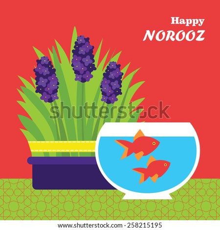 Happy Persian New Year card template. Illustration with fish, grass