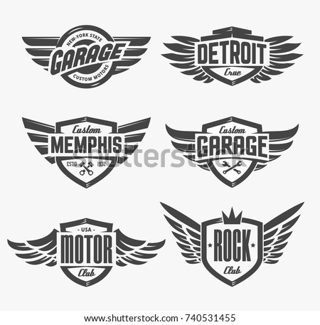 Set Of Retro Emblems With Wings Stylish And Brutal For Rock Biker Set Of Retro Emblems With Wings Stylish And Brutal For Rock Biker