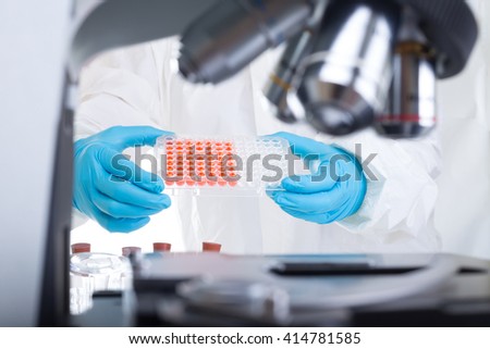 scientist put chemical protective clothing, and testing of chemical lab