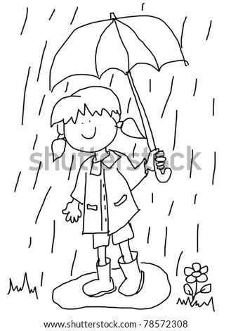 Coloring Book Children Girl Running Umbrella Stock Vector 404583247 ...