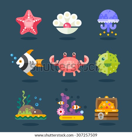 Marine icon set. Residents of sea fauna, underwater life. Fish, starfish, jellyfish, chest of gold, algae and attributes. Vector flat illustration