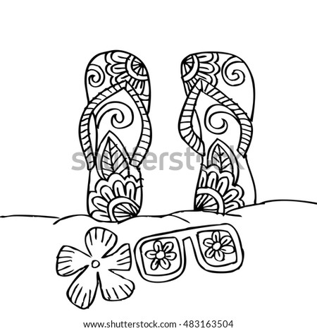Hand Drawn Flip Flops And Sunglasses At The Beach