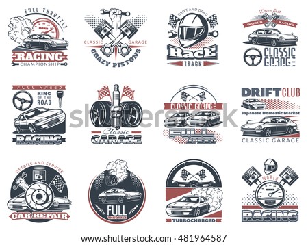 Set Car Racing Colored Emblems Labels Stock Vector 481964587 - Shutterstock