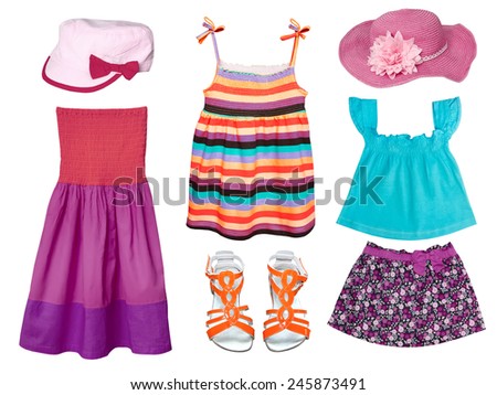 Kids Summer Clothes Isolated On White Girl Fashion Wear Collage Kids Summer Clothes Isolated On White Girl Fashion Wear Collage