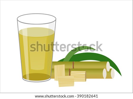 Fresh squeezed sugar cane juice in glass with cut pieces cane isolated on white background. vector illustration.