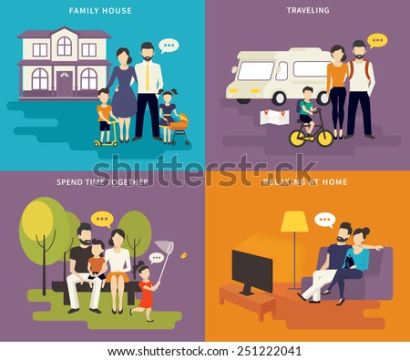 Family with children concept flat icons set of house, traveling, spending time together, watching tv