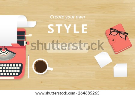 Realistic workplace organization background. Top view with textured table, typewriter, stickers, glasses, diary and coffee mug. Desk for writer